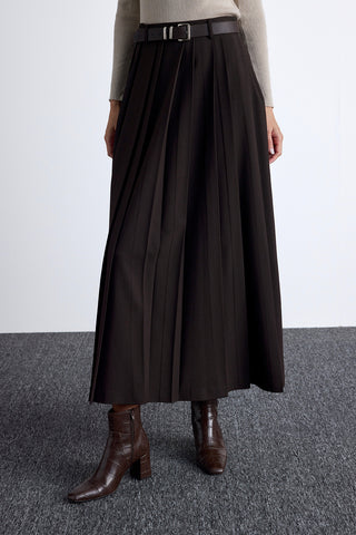 Wide Pleated Skirt Dark Brown