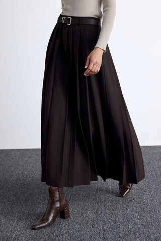 Wide Pleated Skirt Dark Brown