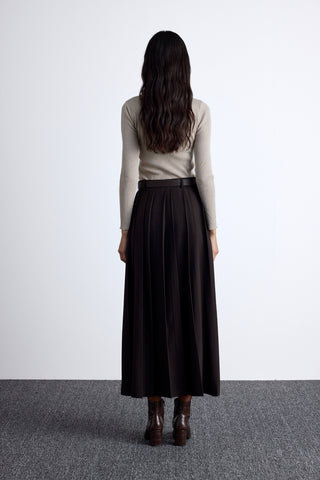 Wide Pleated Skirt Dark Brown