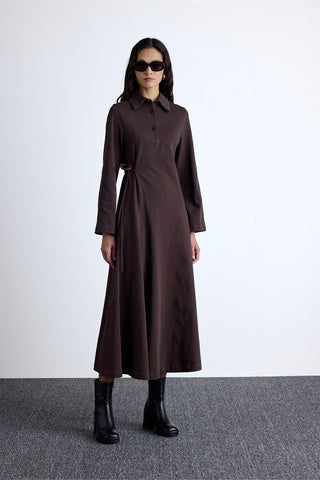Premium Knitted Collared Dress Brown