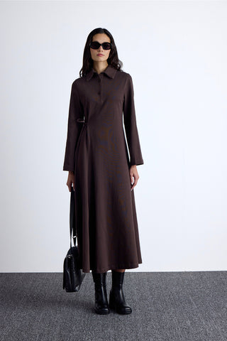 Premium Knitted Collared Dress Brown