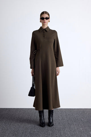 Premium Knitted Collared Dress Khaki