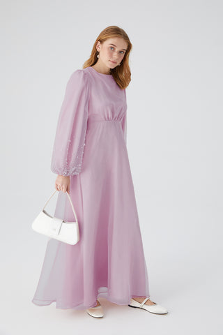 Organza Stone Embroidered Evening Dress Dusty Rose