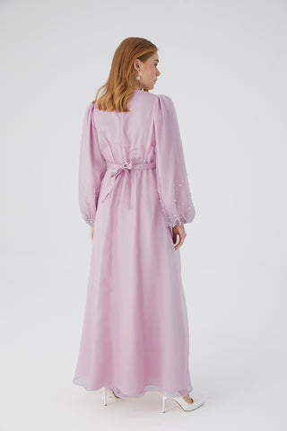 Organza Stone Embroidered Evening Dress Dusty Rose