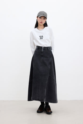 Ruffled-Hem Denim Skirt Black