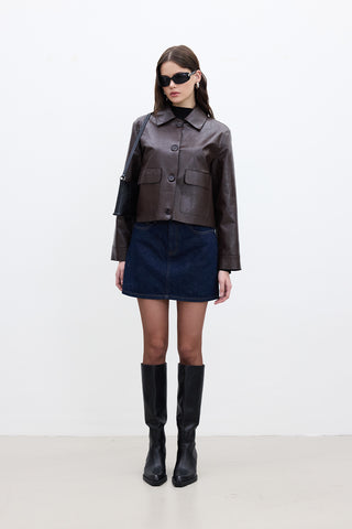 Short Faux Leather Jacket Dark Brown