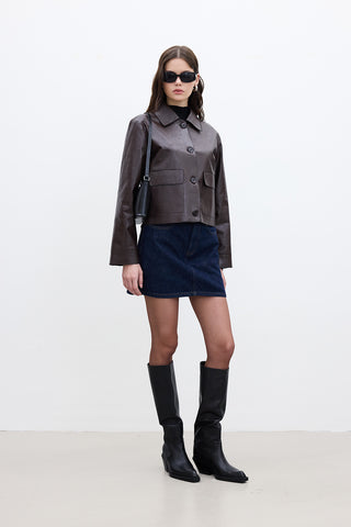 Short Faux Leather Jacket Dark Brown