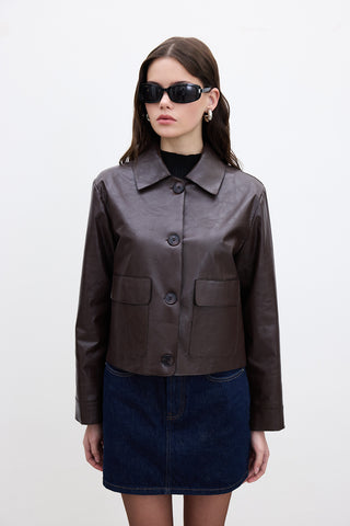 Short Faux Leather Jacket Dark Brown