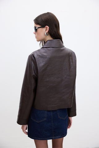 Short Faux Leather Jacket Dark Brown