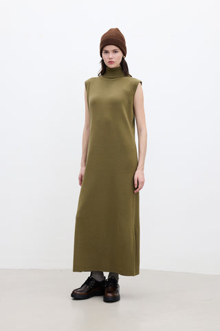 Sleeveless High Neck Knit Dress Green