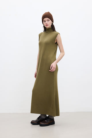 Sleeveless High Neck Knit Dress Green