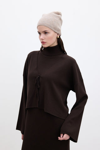 Lace Up Knit Cardigan Brown