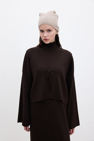 Lace Up Knit Cardigan Brown