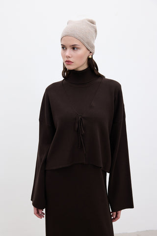 Lace Up Knit Cardigan Brown