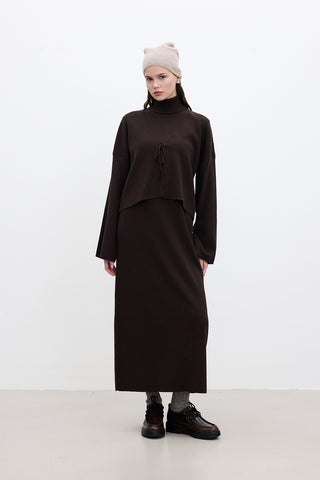 Sleeveless High Neck Knit Dress Brown