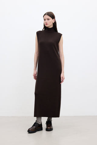 Sleeveless High Neck Knit Dress Brown