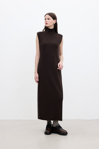 Sleeveless High Neck Knit Dress Brown