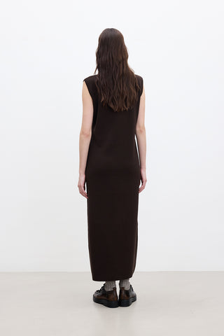 Sleeveless High Neck Knit Dress Brown