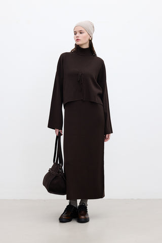 Sleeveless High Neck Knit Dress Brown