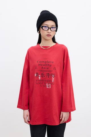 Oversized Long-Sleeve Printed T-Shirt Red