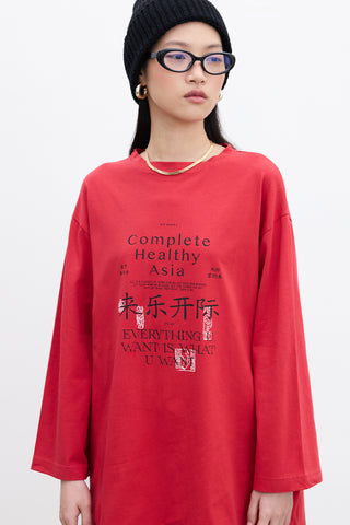 Oversized Long-Sleeve Printed T-Shirt Red