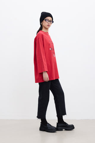 Oversized Long-Sleeve Printed T-Shirt Red