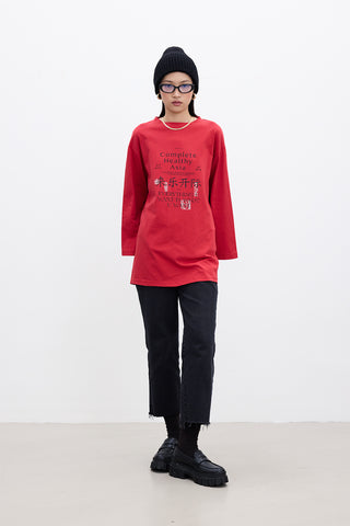 Oversized Long-Sleeve Printed T-Shirt Red