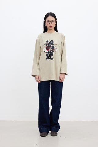 Oversized Long-Sleeve Printed T-Shirt Beige