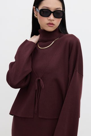 Lace Up Knit Cardigan Burgundy