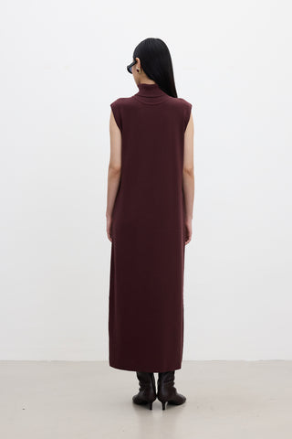 Sleeveless High Neck Knit Dress Burgundy