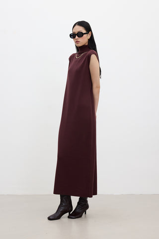 Sleeveless High Neck Knit Dress Burgundy