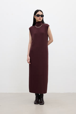 Sleeveless High Neck Knit Dress Burgundy