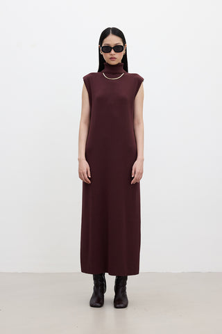 Sleeveless High Neck Knit Dress Burgundy