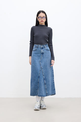 Ruffled-Hem Denim Skirt Blue