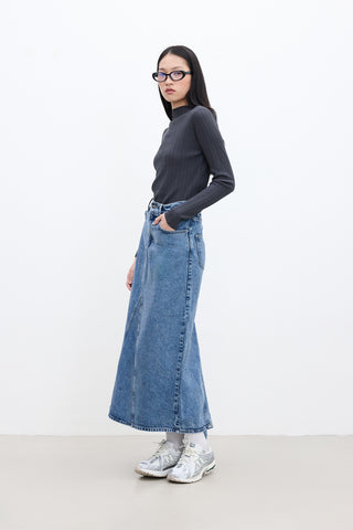 Ruffled-Hem Denim Skirt Blue