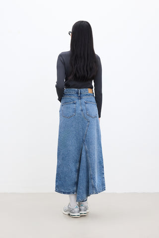 Ruffled-Hem Denim Skirt Blue