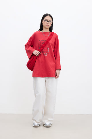 Oversized Long-Sleeve Printed T-Shirt Red