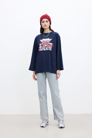 Oversized Long-Sleeve Printed T-Shirt Navy Blue