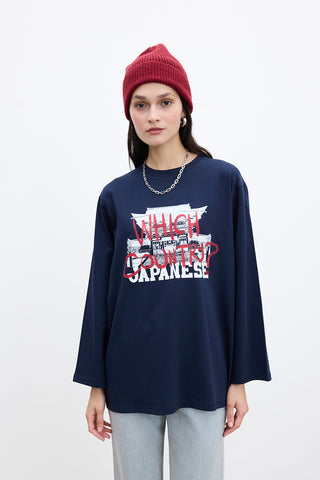 Oversized Long-Sleeve Printed T-Shirt Navy Blue