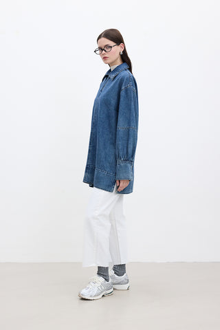 Wide-Cuff Denim Shirt Blue