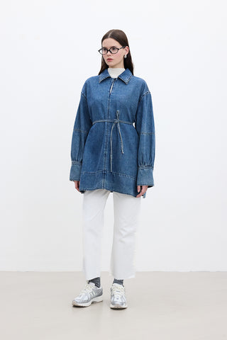 Wide-Cuff Denim Shirt Blue