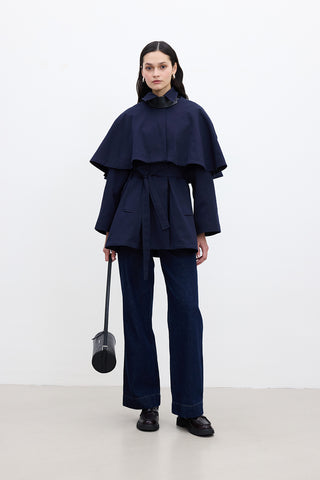 Cape-Detail Trench Coat Navy Blue