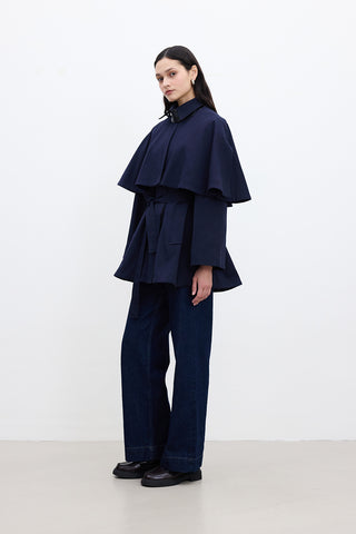 Cape-Detail Trench Coat Navy Blue