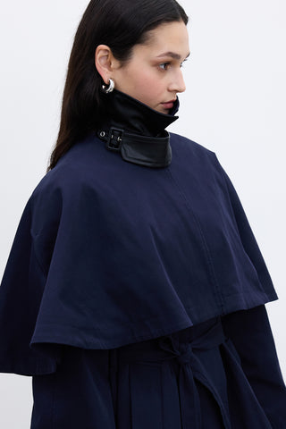 Cape-Detail Trench Coat Navy Blue