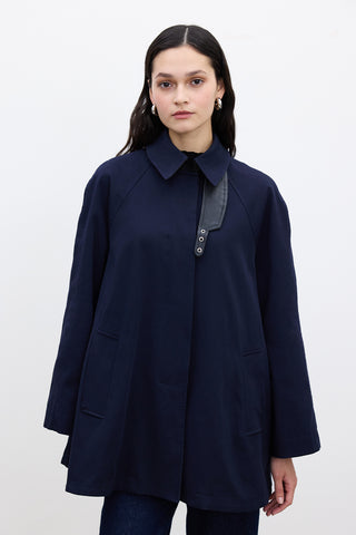 Cape-Detail Trench Coat Navy Blue