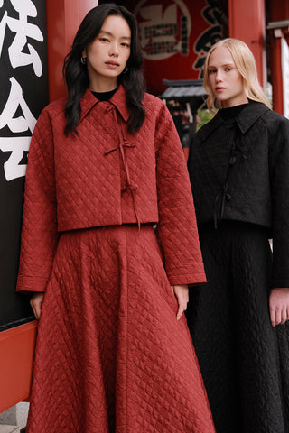 Quilted Belted Short Jacket Burgundy