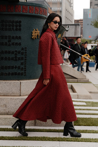 Wide Quilted Skirt Burgundy