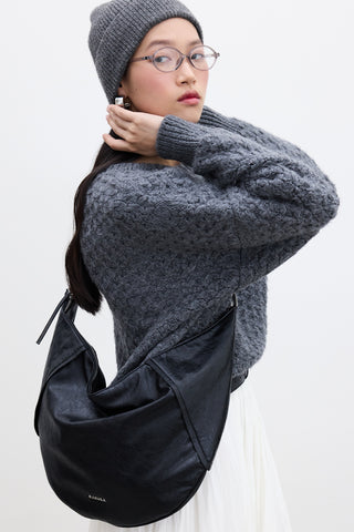 Soft Faux Leather Oval Crossbody Bag Black