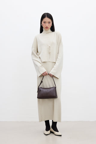 Sleeveless High Neck Knit Dress Beige