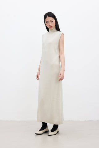 Sleeveless High Neck Knit Dress Beige